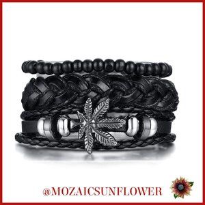 BACK IN STOCK!  NWT HANDMADE ADJUSTABLE WRISTBAND BLACK 3 PC SET SILVER LEAF